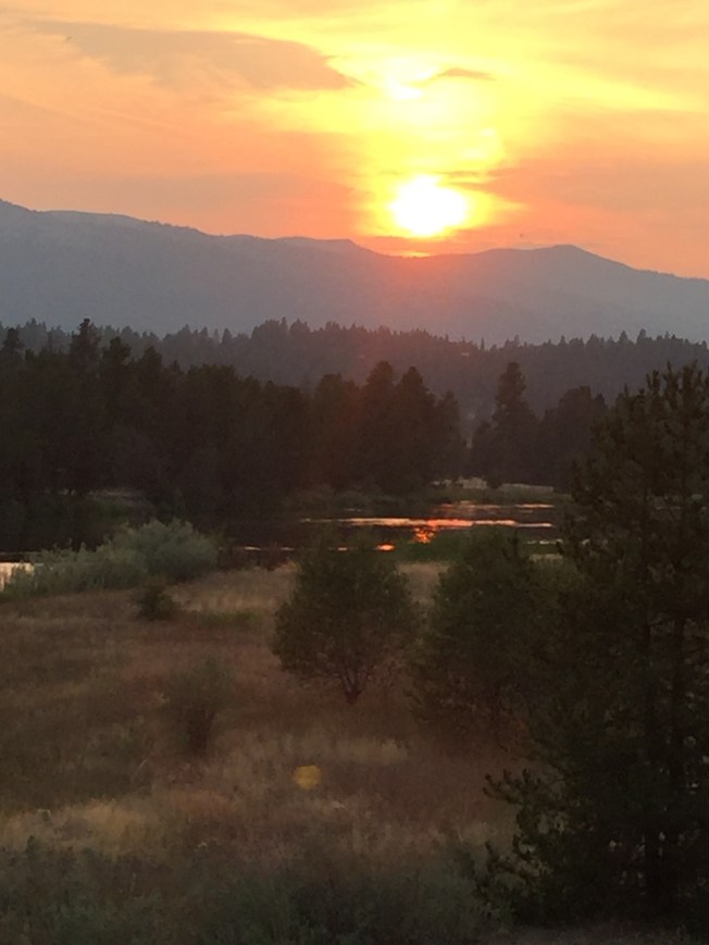 Reflection of the setting sun in river.